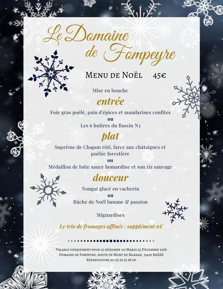 Menu du déjeuner de Noël 2018 Domaine de Fompeyre