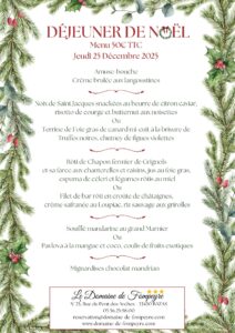 ✨ La magie de Noël au Domaine de Fompeyre ✨ Cette année, le Domaine de Fompeyre vous invite à découvrir un menu de Noël gourmand et raffiné, imaginé pour faire briller vos papilles. Dans une ambiance chaleureuse et festive, venez savourer des plats inspirés des traditions de fin d’année, revisités avec créativité. Installez-vous, profitez… et laissez la magie de Noël opérer. 🎄✨ Ce menu unique de Noël sera à découvrir seulement le Jeudi 25 Décembre au Midi, et sur réservation.