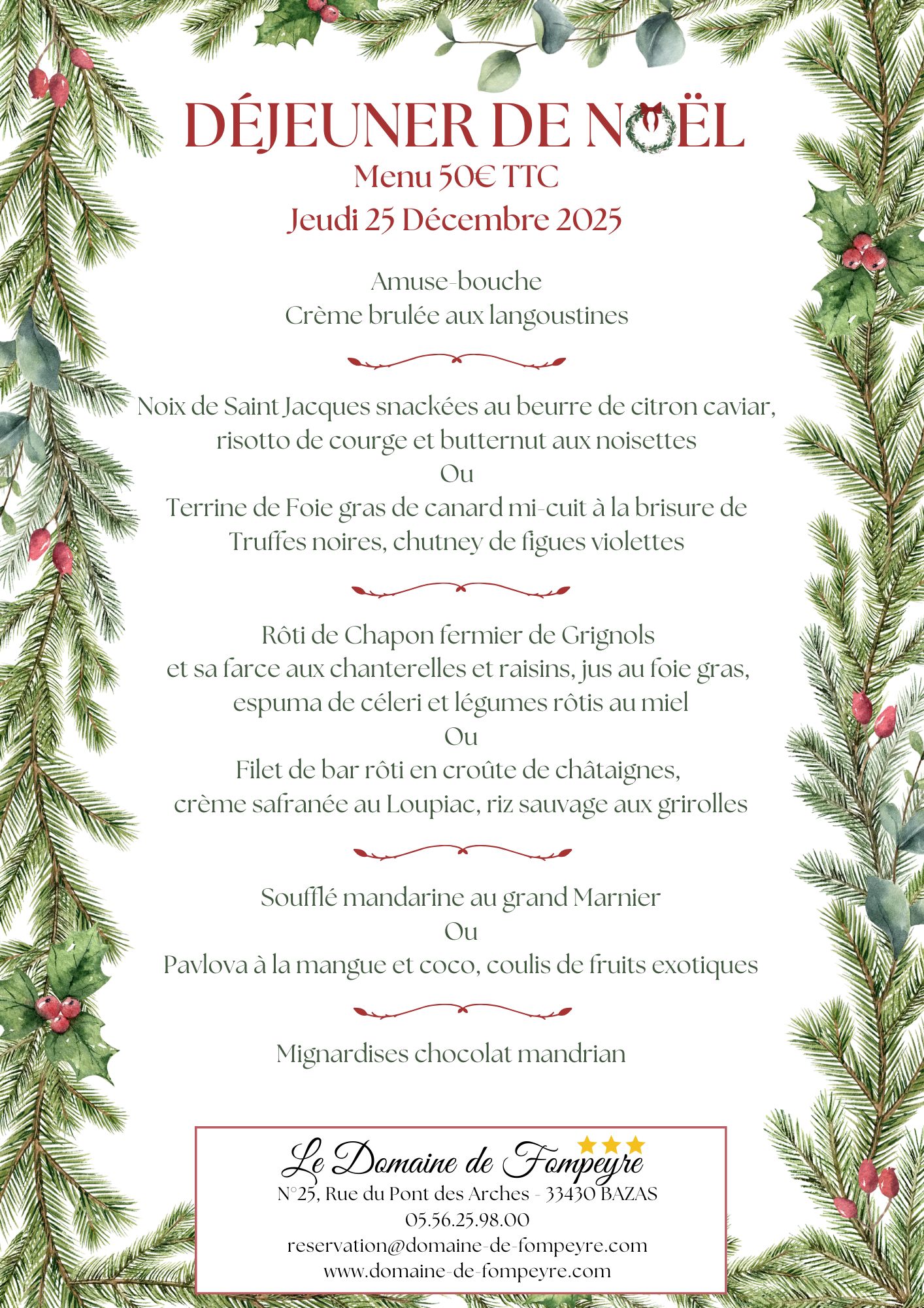 ✨ La magie de Noël au Domaine de Fompeyre ✨ Cette année, le Domaine de Fompeyre vous invite à découvrir un menu de Noël gourmand et raffiné, imaginé pour faire briller vos papilles. Dans une ambiance chaleureuse et festive, venez savourer des plats inspirés des traditions de fin d’année, revisités avec créativité. Installez-vous, profitez… et laissez la magie de Noël opérer. 🎄✨ Ce menu unique de Noël sera à découvrir seulement le Jeudi 25 Décembre au Midi, et sur réservation.
